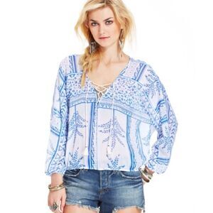 FREE PEOPLE Yo Yo Geo Blue/White Botanical Print Long Sleeve Peasant Top, Sz XS